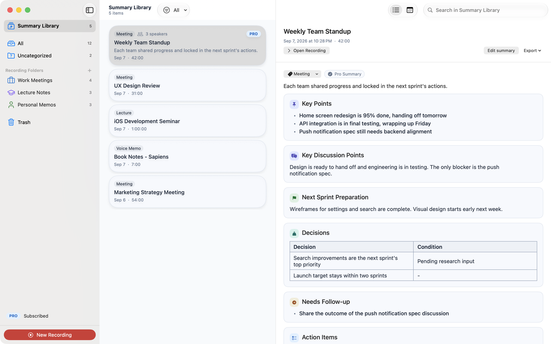 Cleio on Mac showing the summary library beside a meeting summary