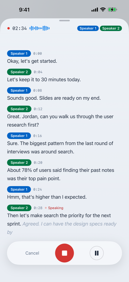 A live transcript with speaker identification during a recording