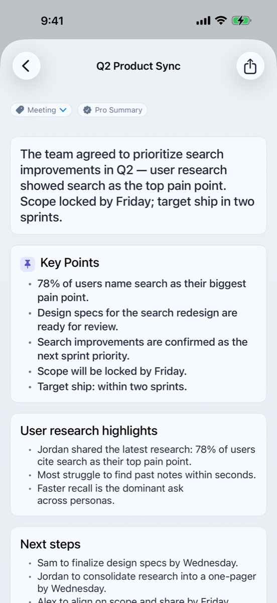 Cleio on iPhone showing a meeting summary